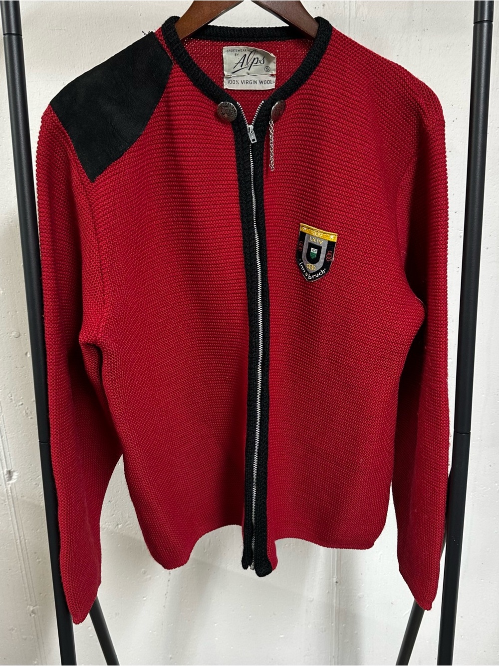 Vintage Red Zip-Up Virgin Wool Sweater with Black Trim